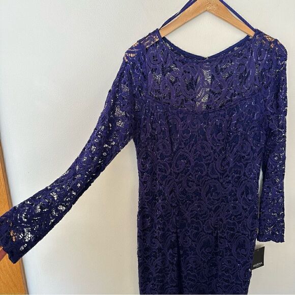 Marina Long Sleeve Illusion Neckline Sequined Lace Dress in Cobalt Blue - Picture 6 of 14